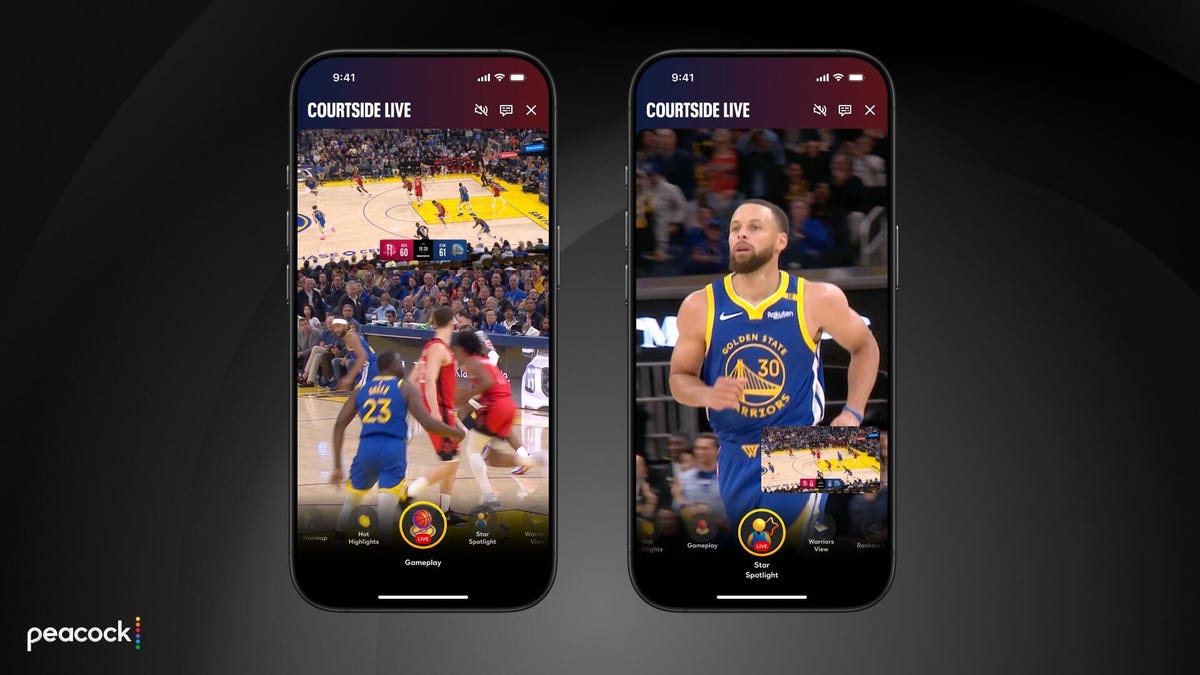 mobile phone showing courtside live feature for peacock