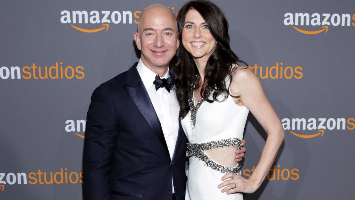 Jeff and MacKenzie Bezos in 2017, at the Amazon Studios Golden Globes Party in Beverly Hills, California.