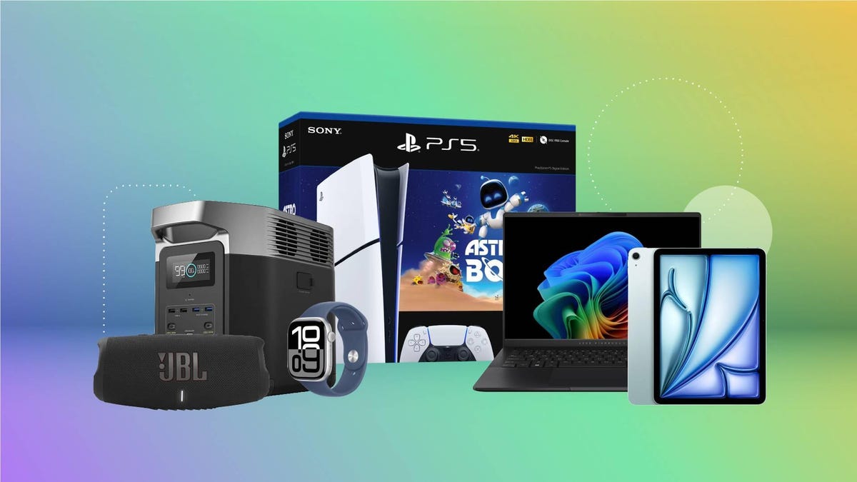 A speaker, power station, smartwatch, PS5 console box, laptop and tablet against a green gradient CNET background.