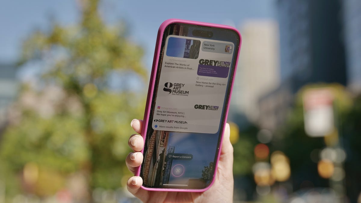 Apple's Visual Intelligence feature on an iPhone 16 outside.