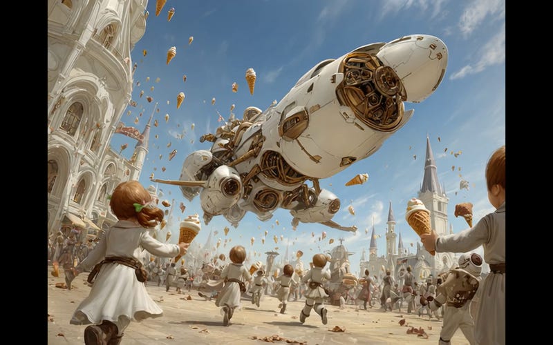 a spaceship rains down ice cream cone to a street full of children