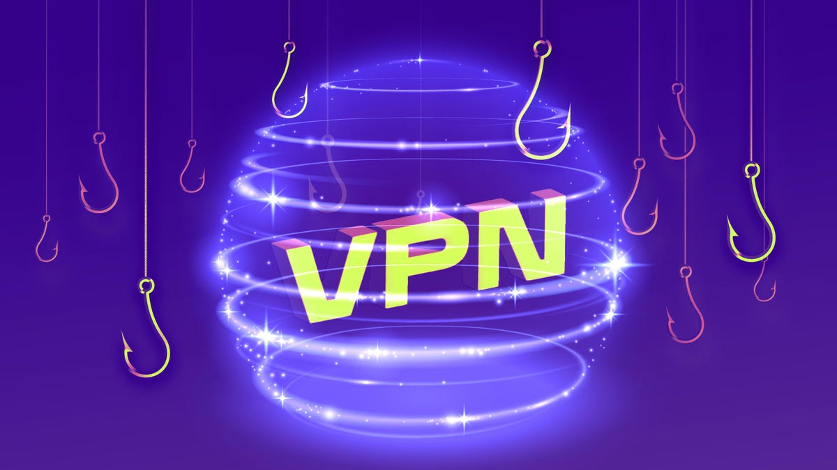 VPN shielded by a glowing sphere surrounded by fishing hooks on a purple background.