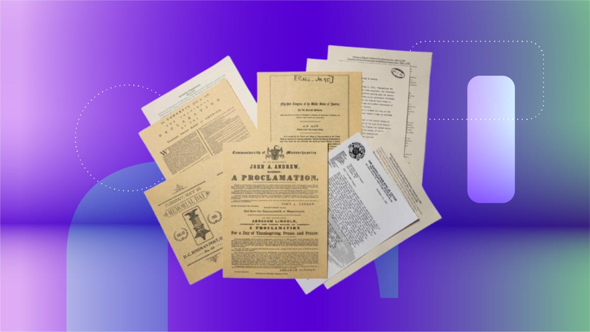 Replica historical documents against purple gradient background.
