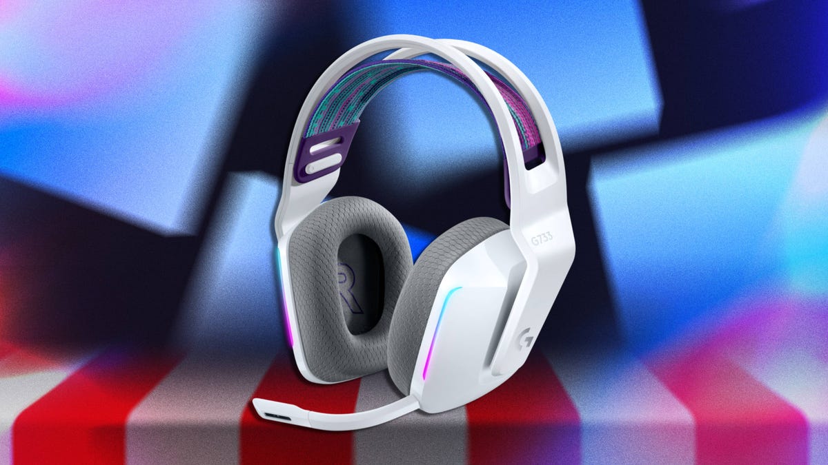 A pair of Logitech headphones on Presidents Day CNET background.