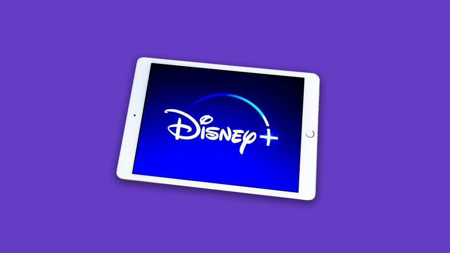 The Disney Plus logo on an iPad against a purple background.