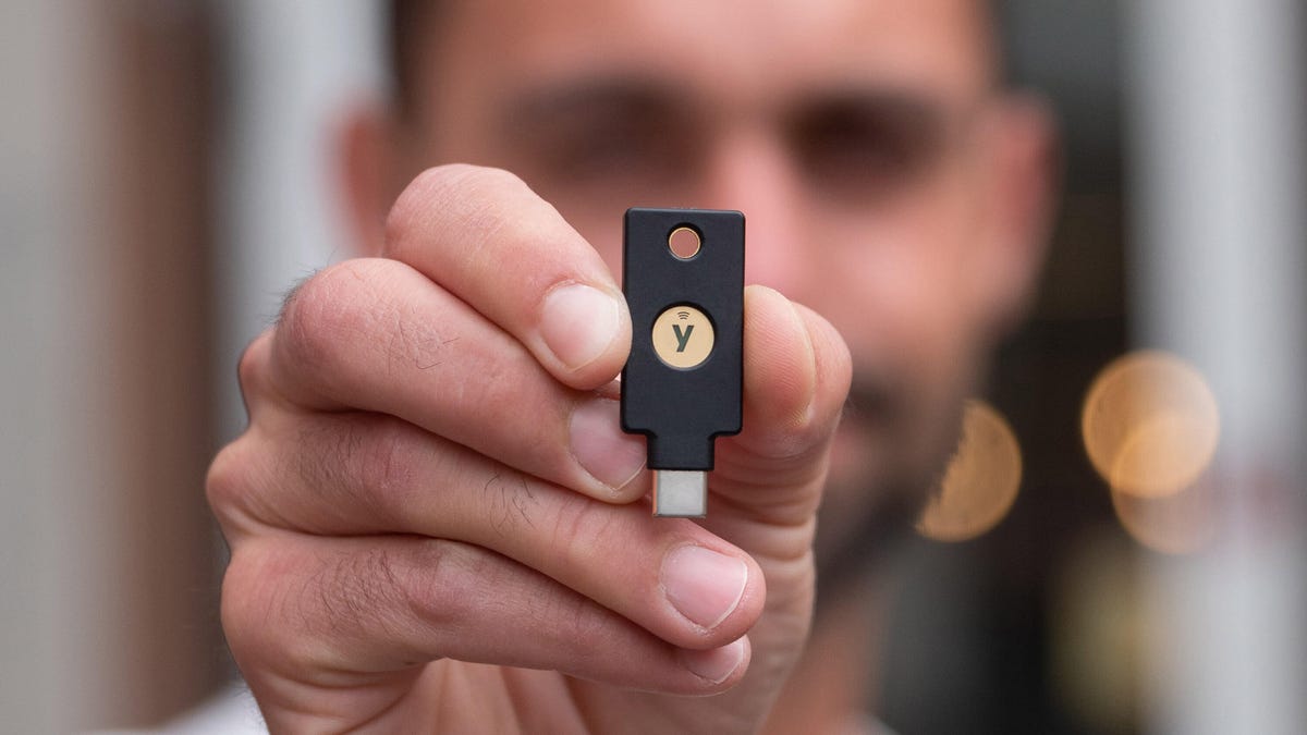 Yubico's $55 5C NFC hardware security key works with both USB-C laptop ports and NFC wireless communications to phones.