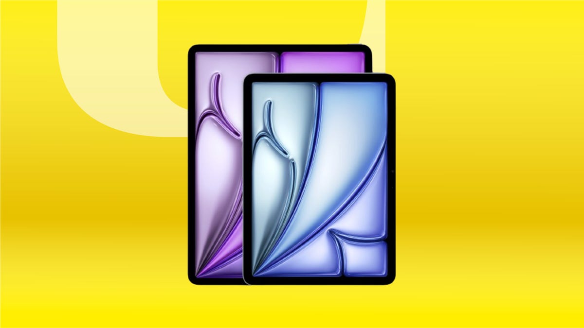 Apple's latest iPad Air models are displayed against a gradient yellow background.