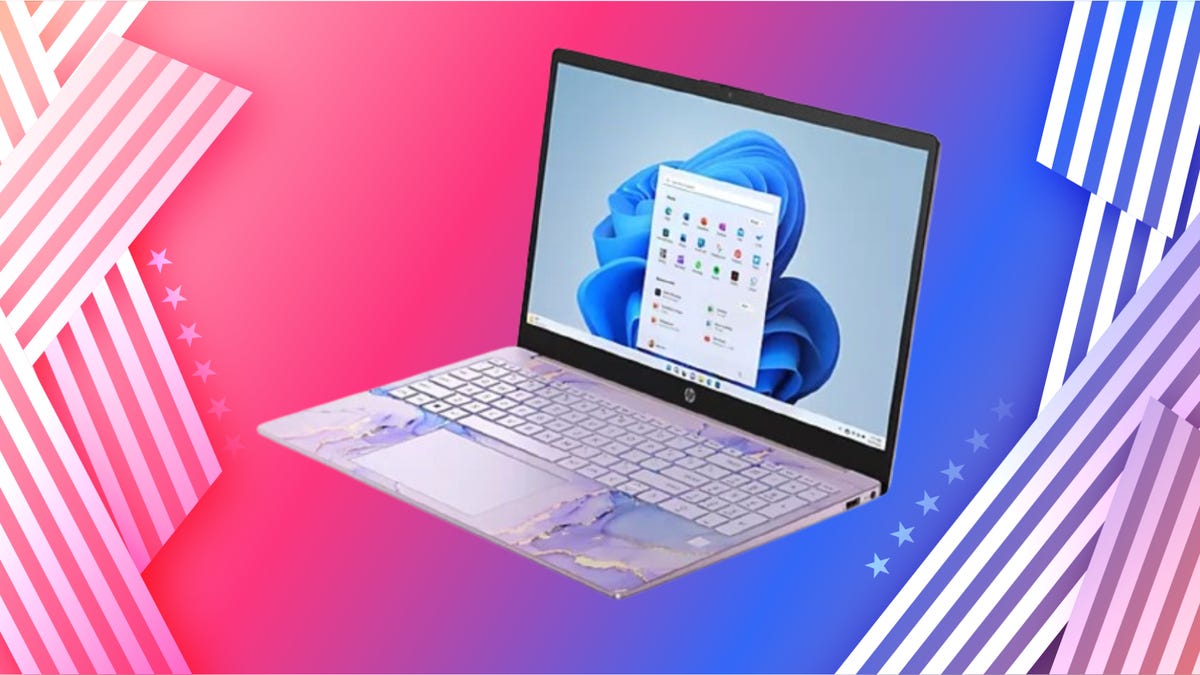 Tie-color HP laptop facing 45 degrees to the left. Background from left: red and white stripes, red and blue gradient, white and blue stripes.