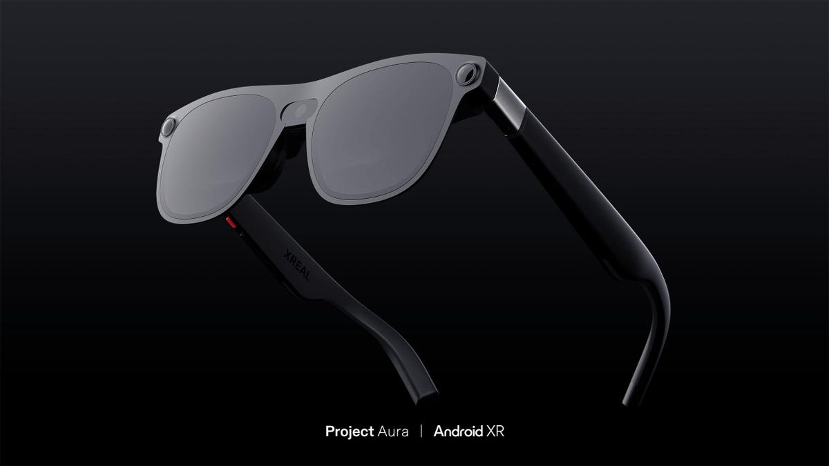 A pair of camera equipped AR glasses called Project Aura made by Xreal that look like sunglasses