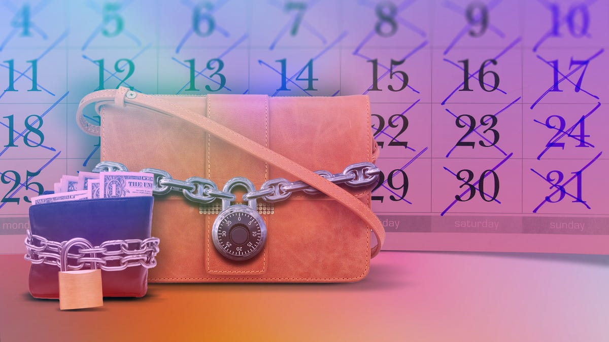 A purse and wallet with a chain and padlock around it.