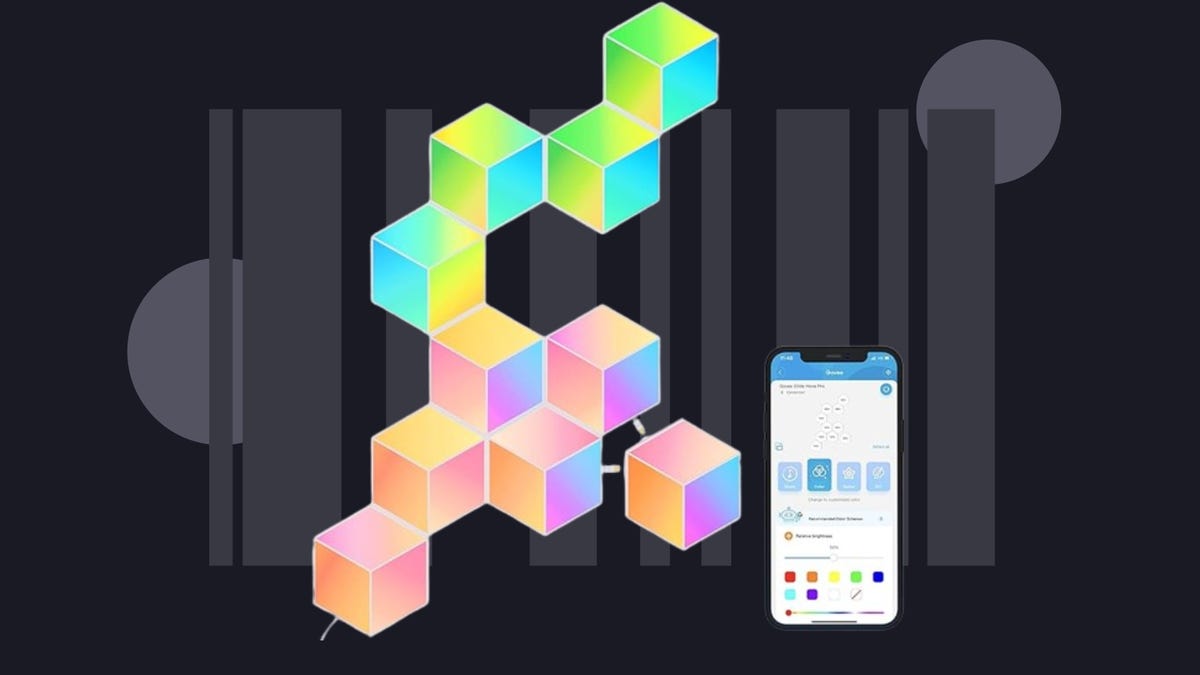 Hexagon shaped light panels controlled by phone against black background