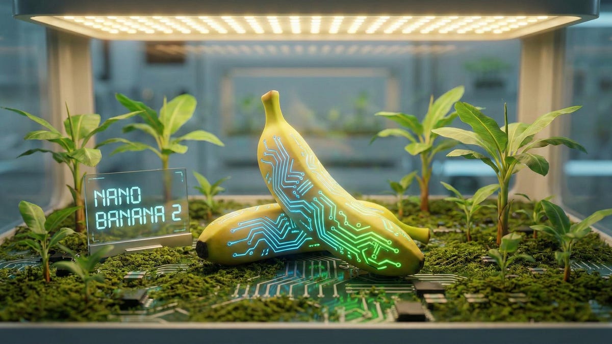 two bananas in a terrarium with a neon sign reading "nano banana 2"