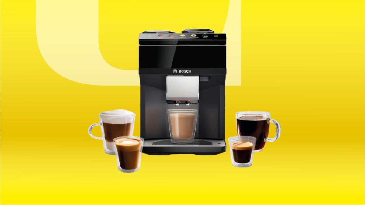 Black Bosch automatic espresso maker with 4 transparent cups of coffee against yellow background.-design.png