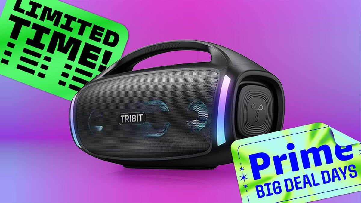 Horizontal speaker with handle. Background: purple with mint green labels reading "Limited time" and "Prime big deal day"