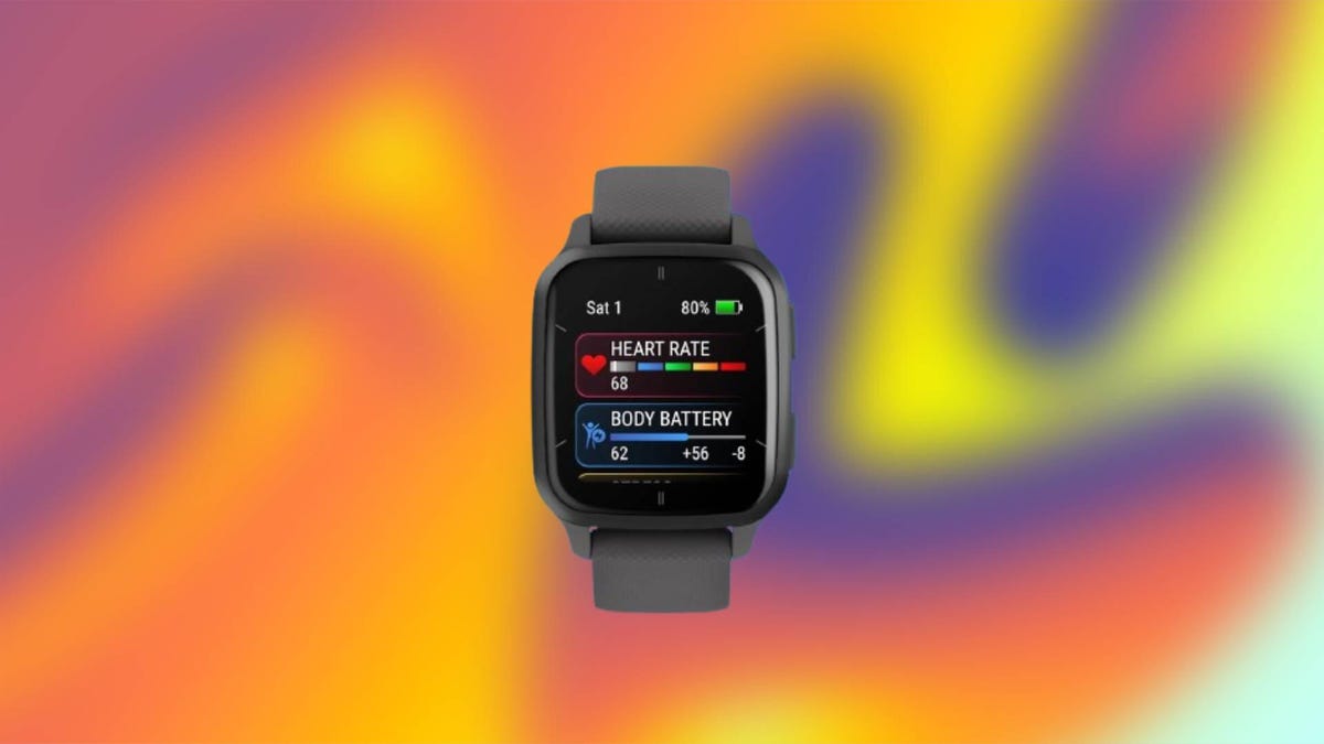 The Garmin Venu Sq 2 GPS Smartwatch in gray over an abstract purple, orange and yellow background.