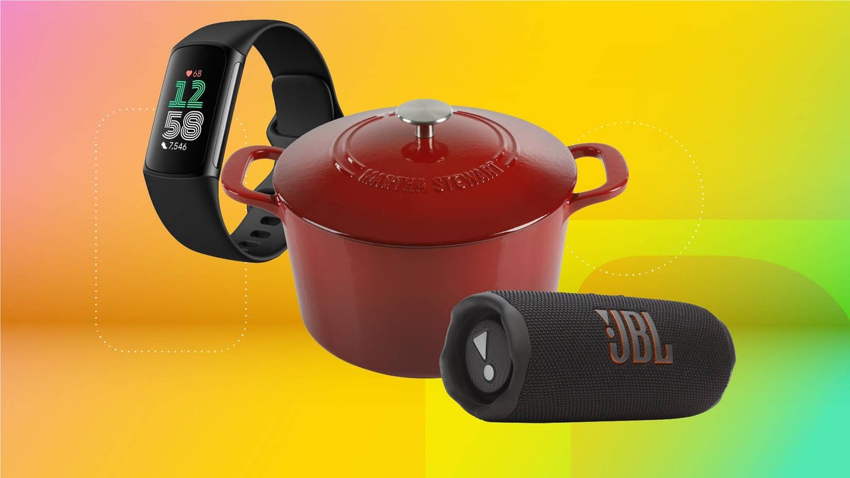 A fitness tracker, Dutch oven and Bluetooth speaker against a yellow gradient CNET background.