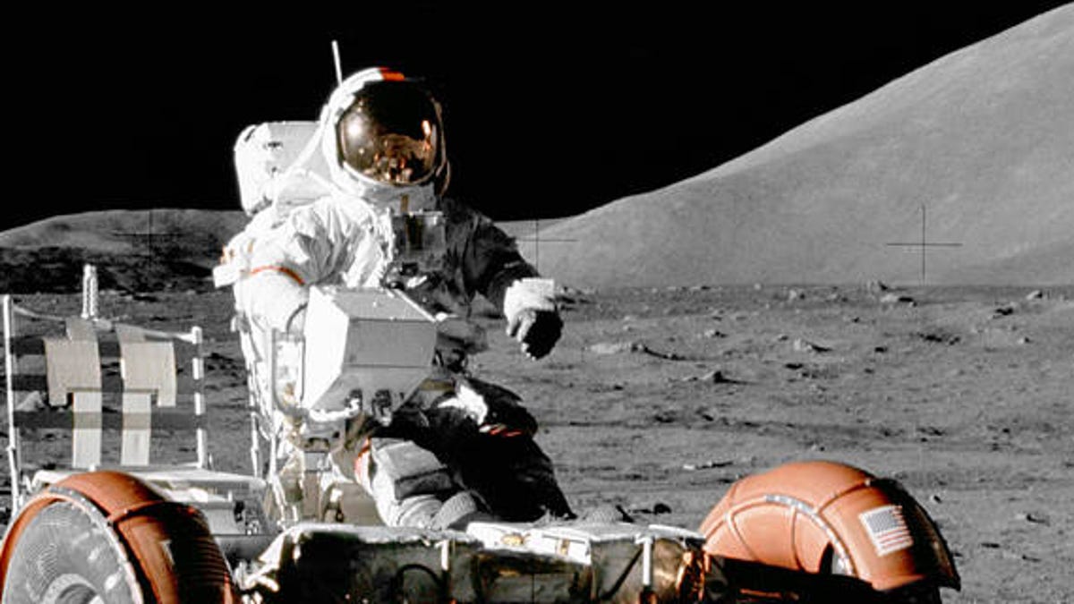 Apollo 17 astronaut Eugene Cernan in the Lunar Roving Vehicle on the moon in 1972.