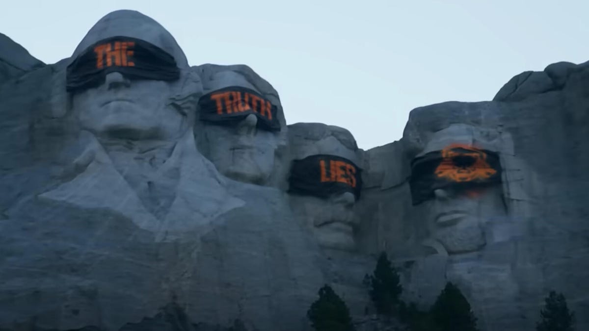 Screenshot from the new game's video shows Mount Rushmore with the four presidents blindfolded.