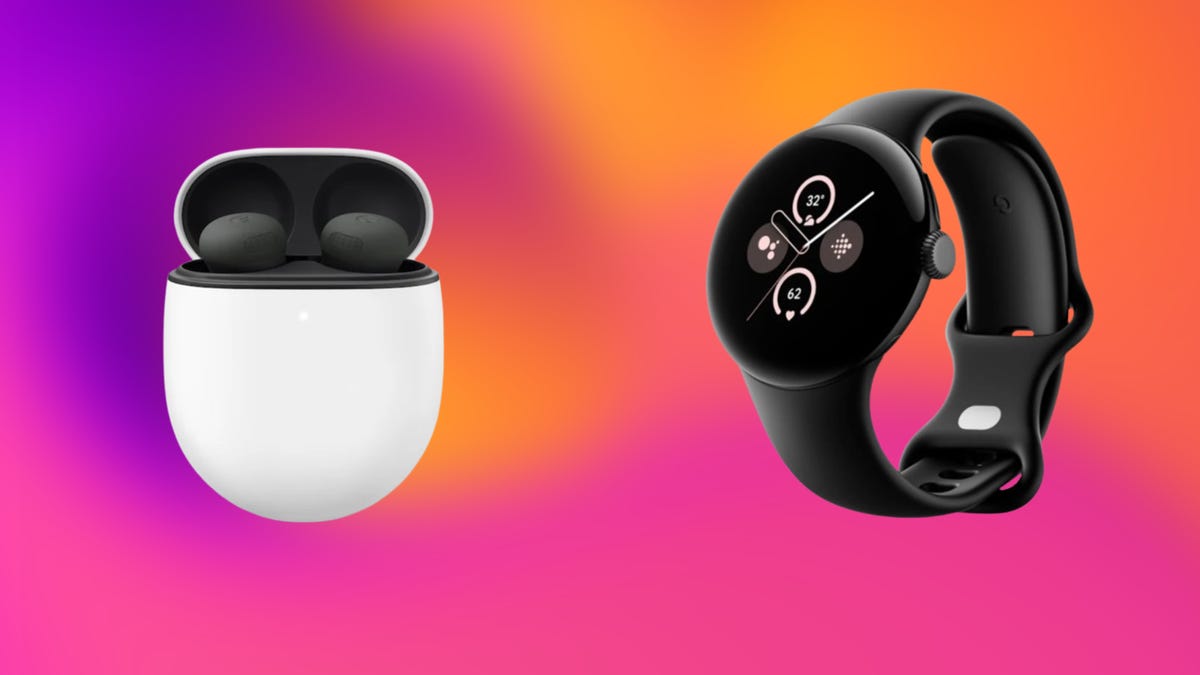 From left: Hazel earbuds in white case, black smartwatch with round face. Background: purple, orange and pink gradient.