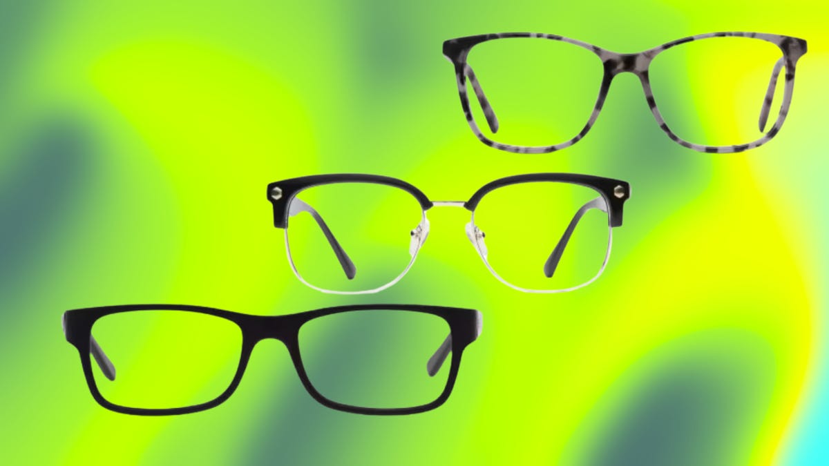 from left: pair of black glasses, wire-rim glasses, black glasses, and teal glasses. top right: case with glasses, teal box against red gradient background, left and right: blue and white stripes.