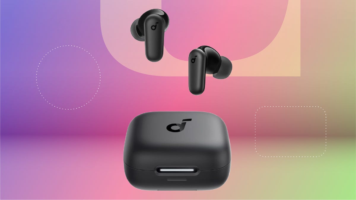 Black Anker earbuds and a charging case on a lavender, pink and green CNET background