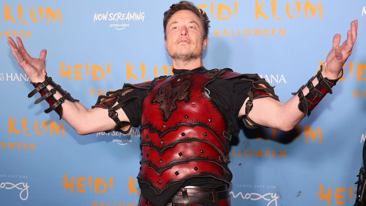 Elon Musk posing in a Halloween costume as a gladiator