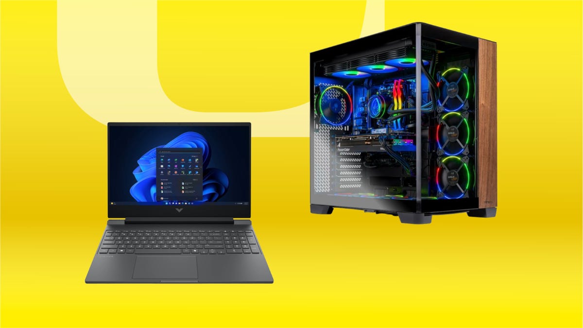 From left: black laptop with blue screen, top right: black desktop with blue lights. Background: yellow gradient.