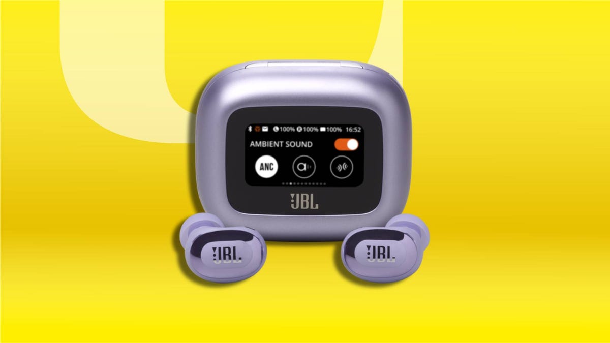 JBL Live Buds 3 earbuds on a CNET background.