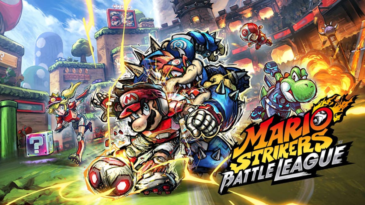 Mario playing soccer against Bowser, with Mario Strikers Battle League title