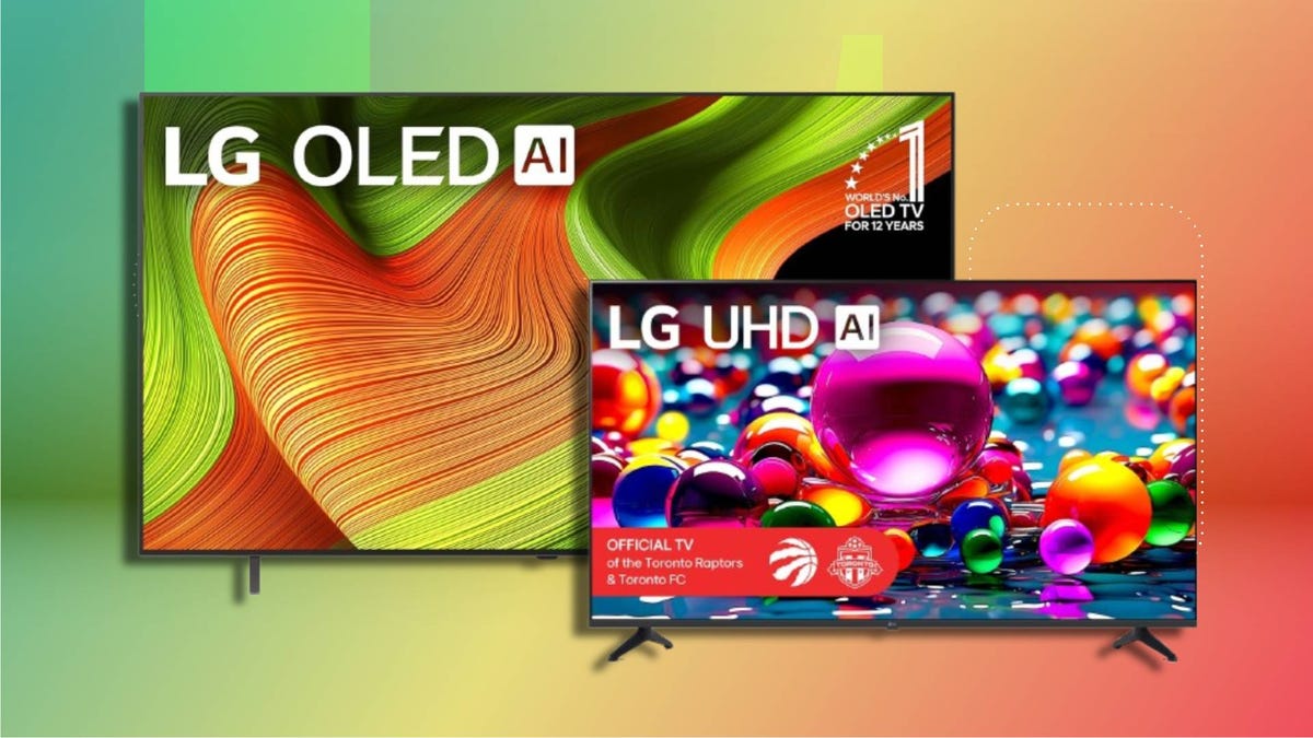 Two LG TVs on a CNET background.