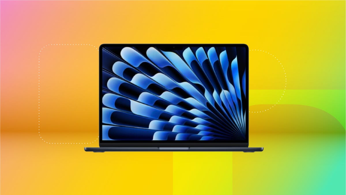 M4 MacBook Air on green and pink background