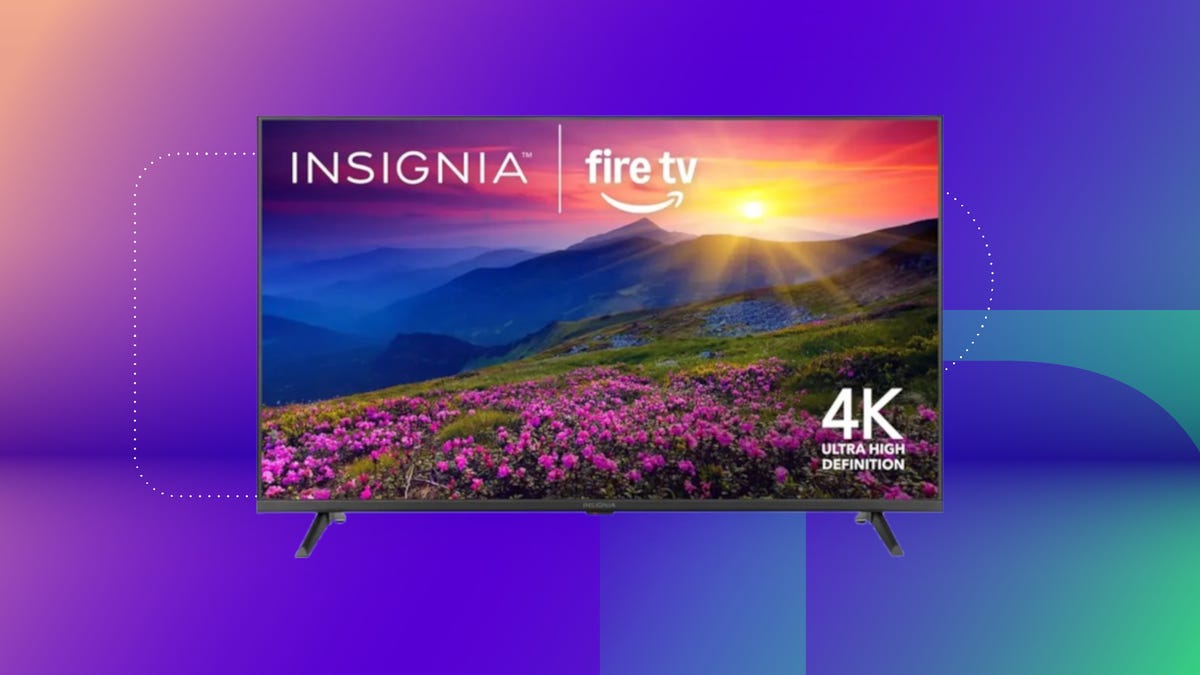 Shows the Insignia 50-inch TV on a purple background.