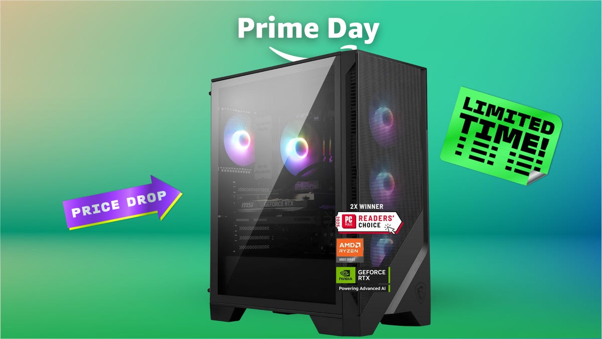 black gaming desktop PC with multicolored lights, on a green background with text: Prime Day, Price Drop, Limited Time