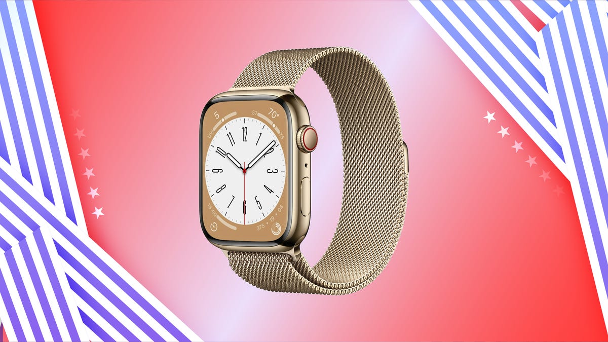 Shows the Apple Watch Series 8 with Milanese Loop on a red background.