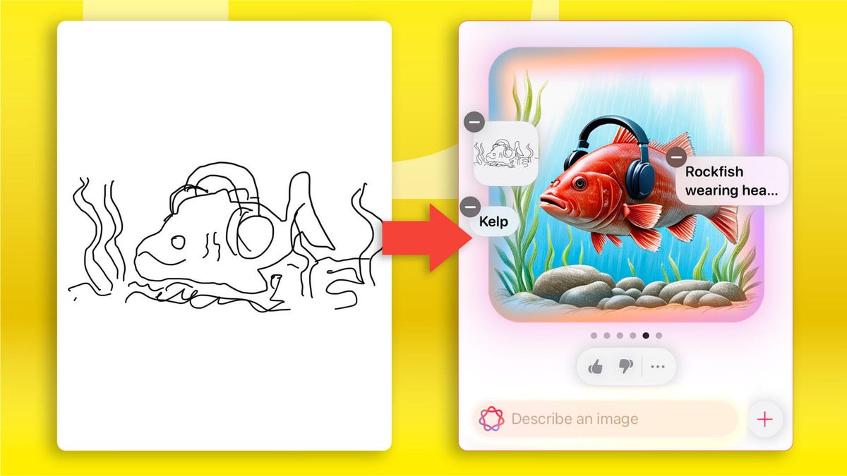A sketch of a rockfish wearing headphones at left is turned into a color illustration at right using the Image Wand feature of Apple Intelligence.