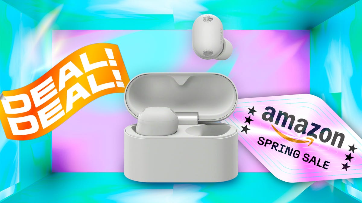 Sony WF 1000XM6 against CNET's colorful Spring sale commerce background.