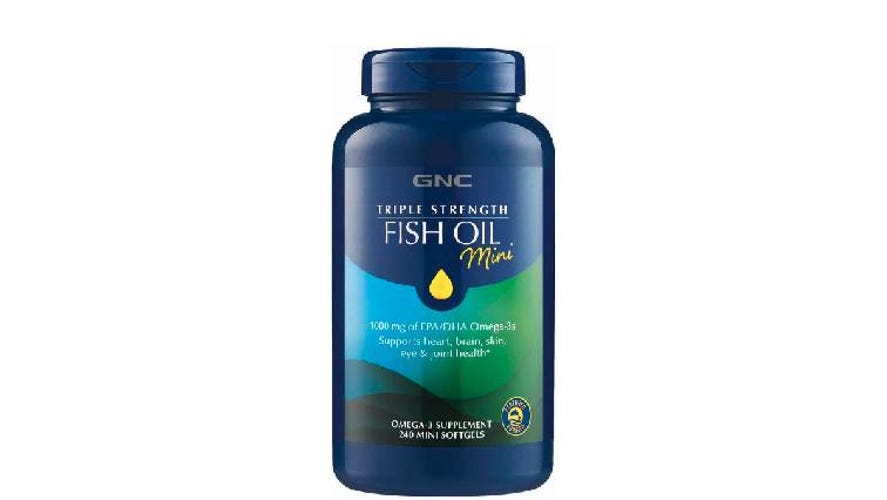 Bottle of GNC Triple Strength Fish Oil Mini supplement