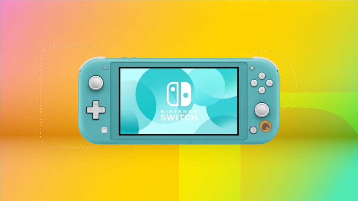 Nintendo Switch Lite Aloha Edition on yellow CNET background