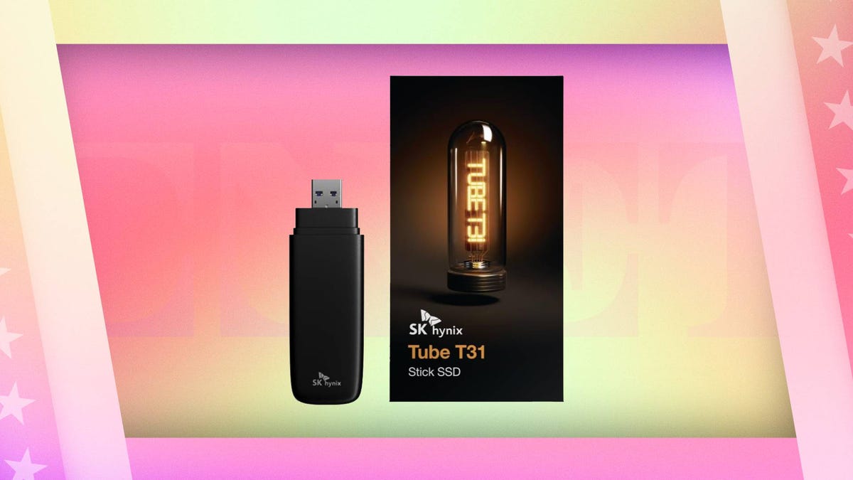 A black flash drive and box against a pink and yellow CNET background.