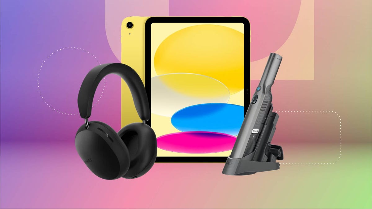 A pair of headphones, tablet and handheld vacuum against a purple/pink gradient CNET background.