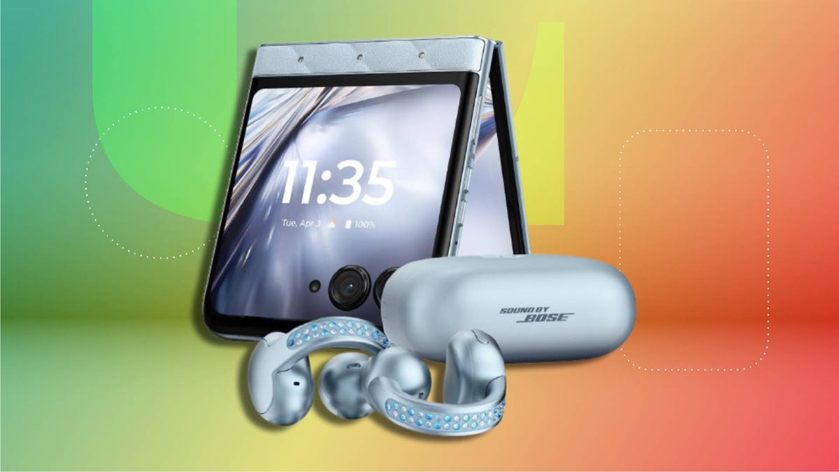 Partially folded smartphone displaying time, date, and battery status, shown alongside silver wireless earbuds with blue accents and a matching charging case labeled ‘Sound by Bose.’ Set against a vibrant gradient background.