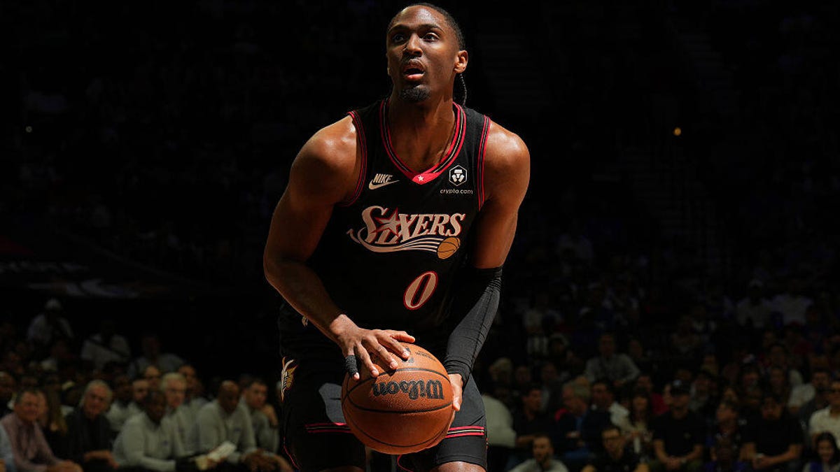 Tyrese Maxey #0 of the Philadelphia 76ers shoots a free throw during the game against the Orlando Magic during the SoFi Play-In Tournament on April 15, 2026 at the Wells Fargo Center in Philadelphia, Pennsylvania