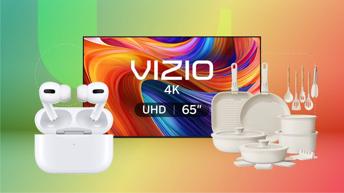 A pair of earbuds, TV and cookware set against a green/red gradient CNET background.