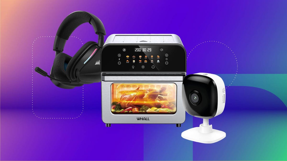 A gaming headset, air fryer and security camera against a purple gradient CNET background.