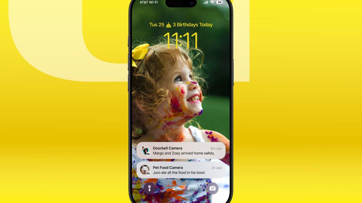 Seemour notifications on a phone with a celebrating child against a yellow CNET background.