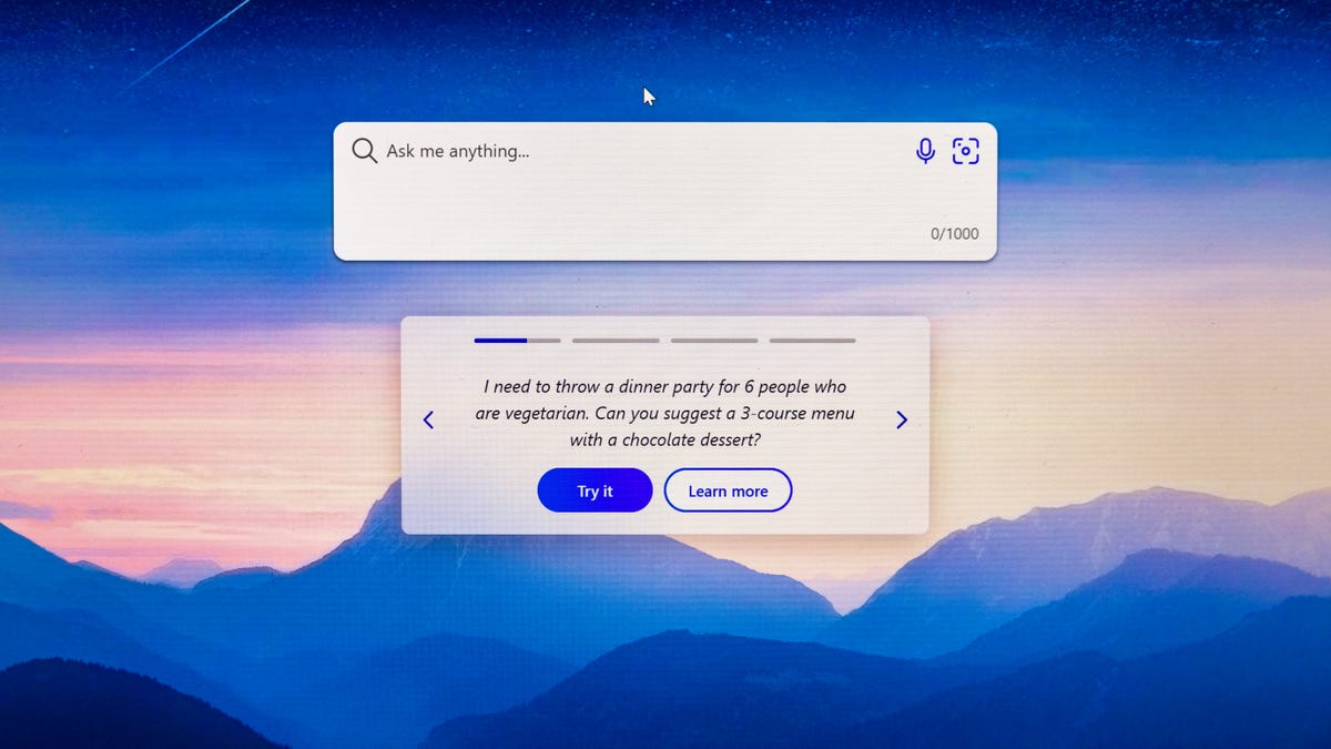 A photo of a laptop showing Bing's AI-powered search