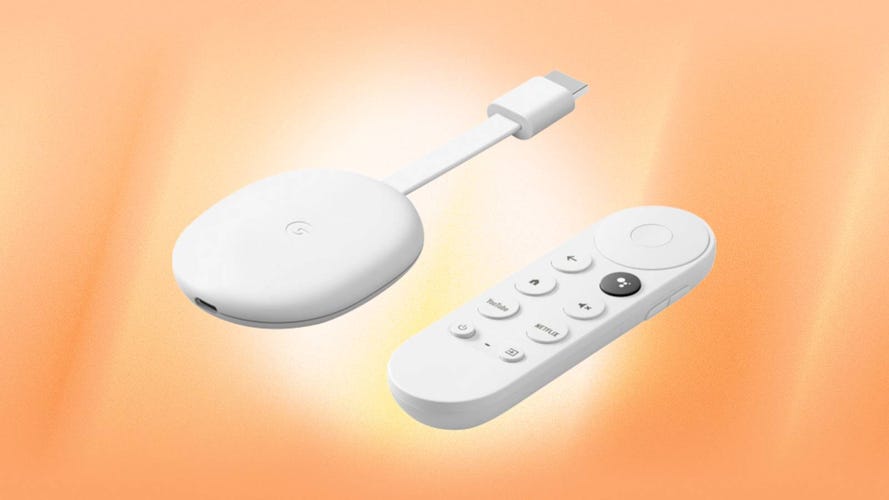 Chromecast with Google TV (HD) and its voice remote are displayed against an orange background.