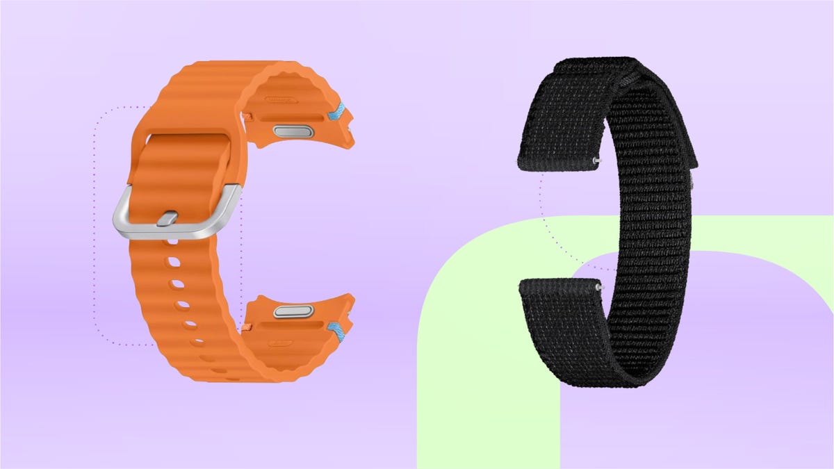 On the left: an orange rubber sport band; on the right: a black fabric band.