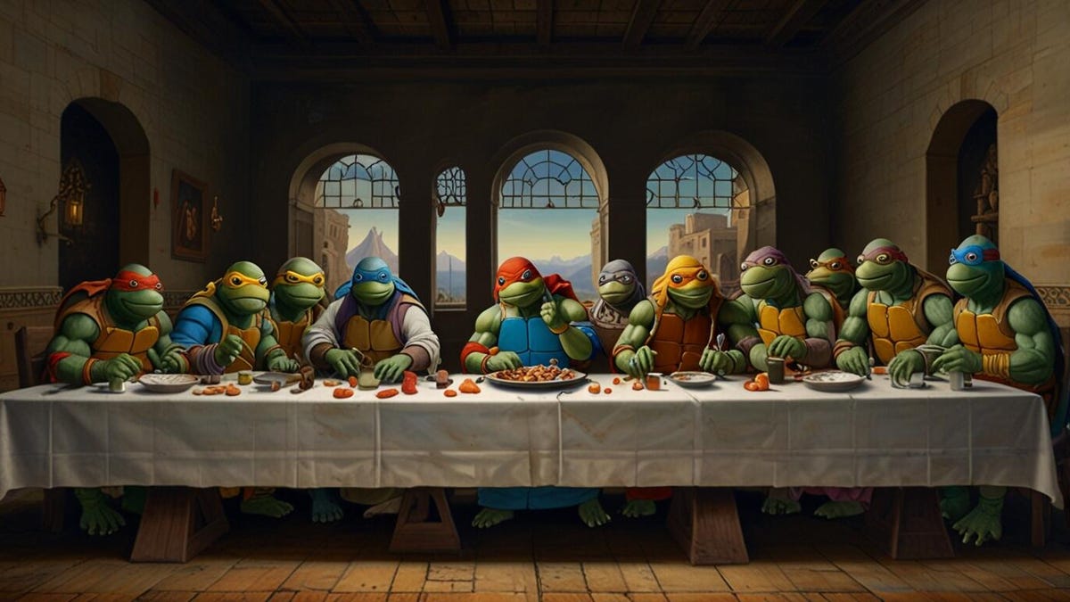 Leonardo da Vinci's Last Supper style image with human-like teenage mutant ninja turtles enjoying a pizza feast