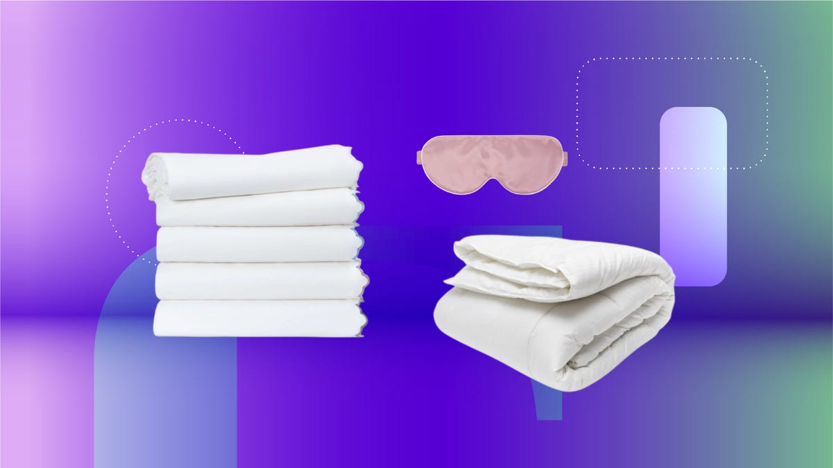 Sheet set, pink silk eye mask, comforter from Crane & Canopy displayed against a gradient purple background